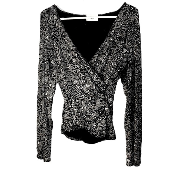 Express Tops - 90’s Black and Silver Paisley Sparkly Wrap Top